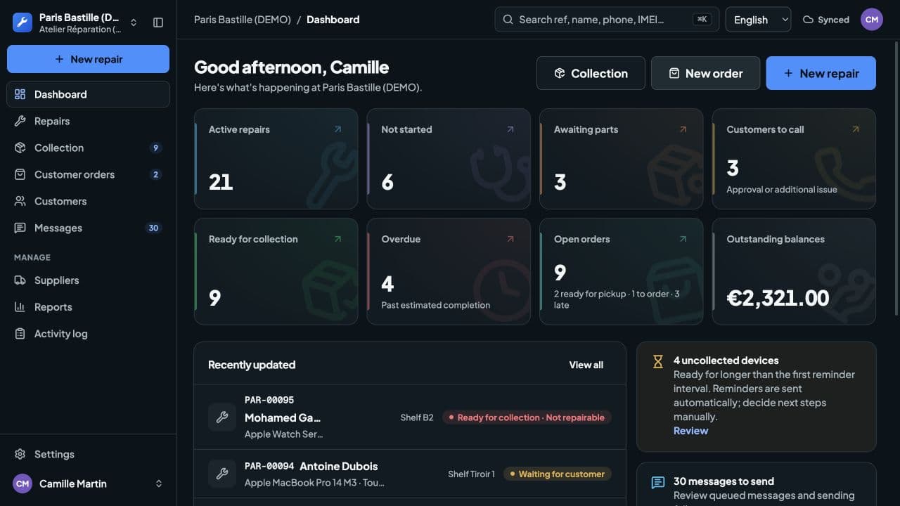 RepairManager dashboard showing active repairs, parts, collections and demo workshop activity