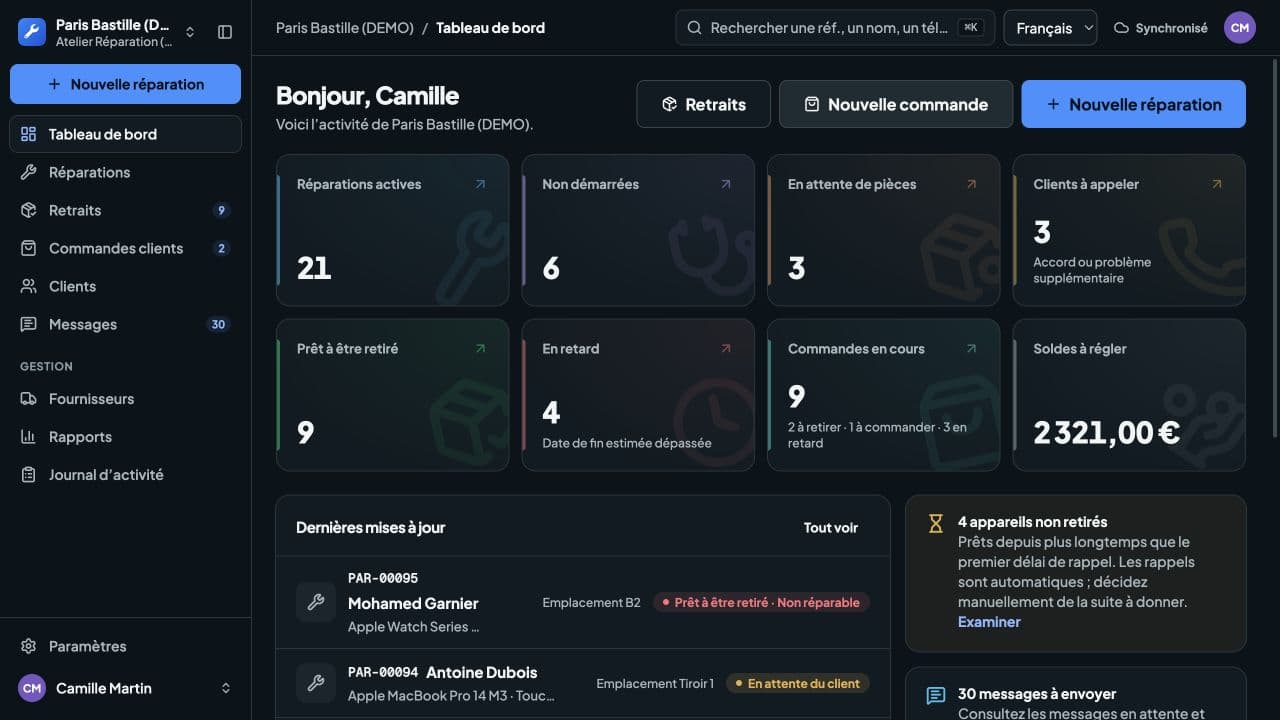 Tableau de bord RepairManager : réparations actives, pièces en attente, retraits et suivi de l’atelier de démonstration